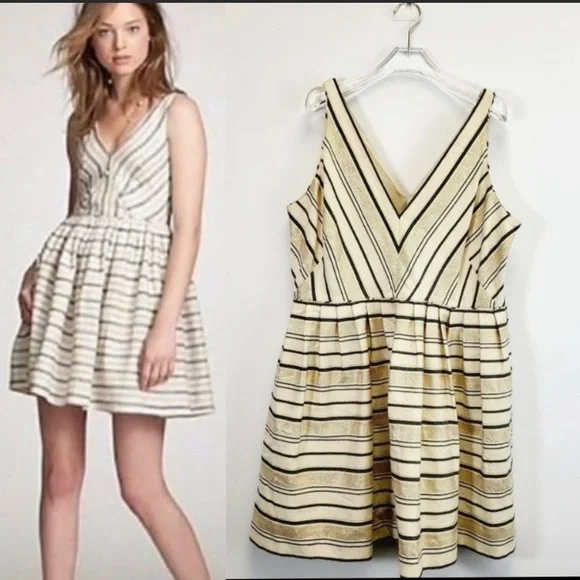 J.CREW Gold Ivory Mini Dress Plus 20 2XL XXL Striped V-Neck Fit & Flare  Sparkle